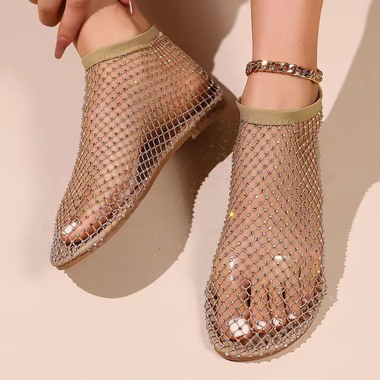 Women Summer New Round Head Slippers Water Diamond Flat Home anti-skid Sandals Slippers