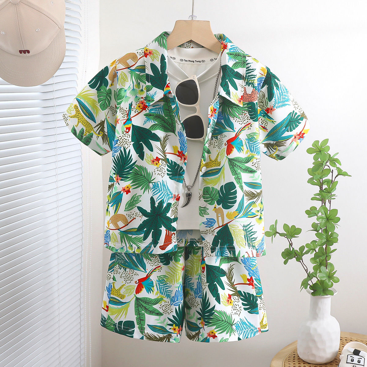 Boys Floral Printed Clothes Set Summer Sleeve Children's Shirt Top+Pants 2Pcs Kids Holiday Beach Outfit