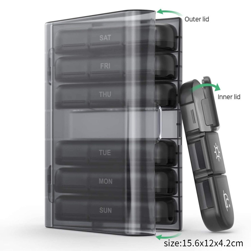 Storage Collection Utensils Medicine Box 21 Grids Seven Days a Week Black Pill Box Classification Box Portable Plastic Compartme