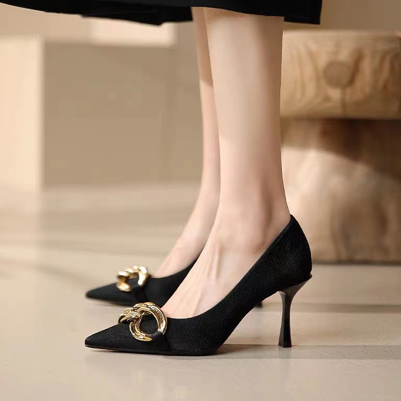 High Heels 2023 New Design Sense Metal Chain French Style Fine Heel Nude Pointed Single Shoe Women