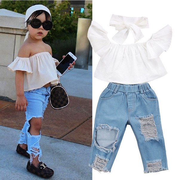 Toddler Girls Kids Off Shoulder Tops Denim Pants Jeans 3pcs Outfits Set Clothes