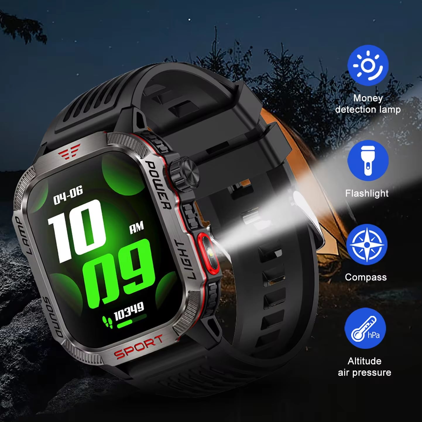 Smart Watch Men LED Flashlight Compass Altitude Air Pressure 100+ Sport Mode Fitness Tracker Outdoor Smartwatch
