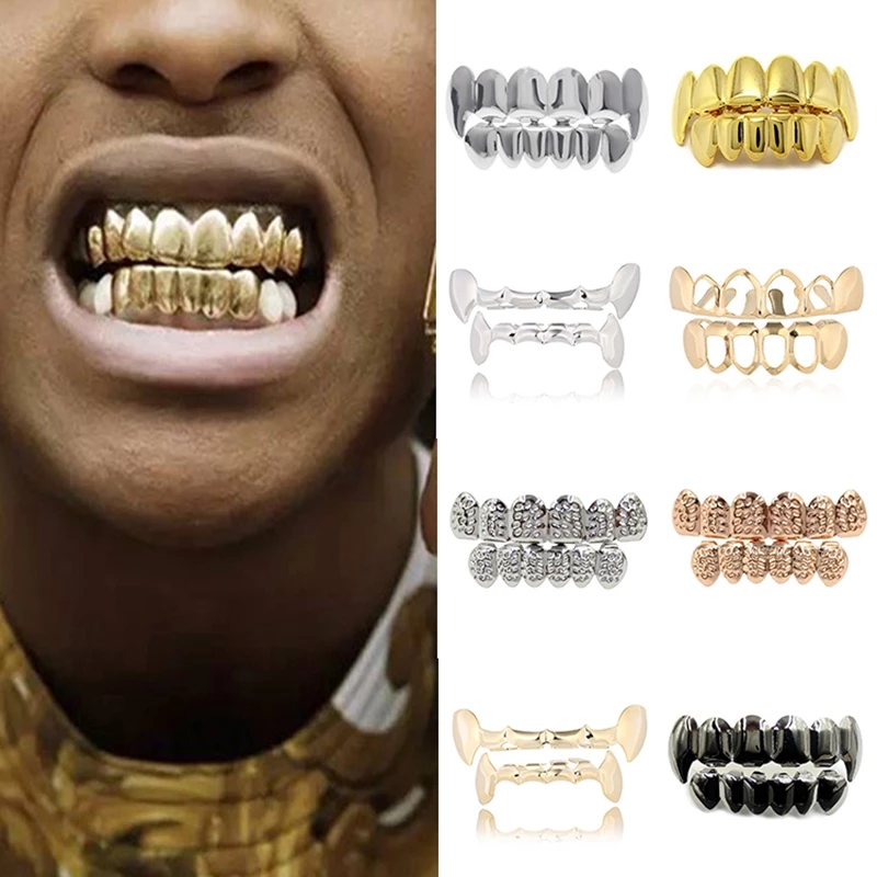 Hip Hop Braces 18K Real Gold Plated Top 8 Bottoms 8Grillz for Men Ladies Glossy Gold Teeth tooth accessories