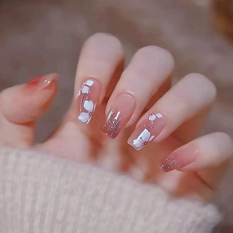 24Pcs/Set False Nail French Purple Color Full Cover Fake Nails Glue DIY Manicure Nail Art With Jelly Glue