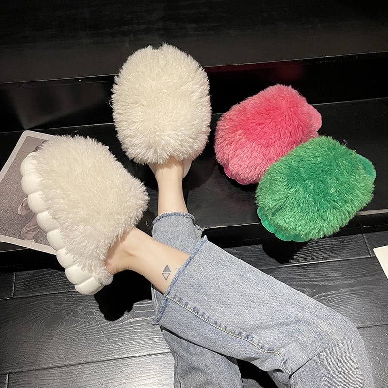 Women Winter Fur Slippers Warm Indoor Soft Sides Short Plush EVA Home Cotton Shoes Mules Casual Shoes Female Wedge Slippers
