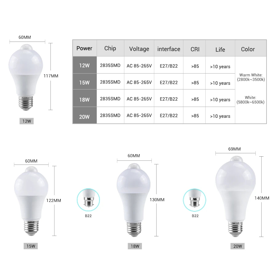 B22 E27 LED PIR Motion Sensor Lamp Bulb 220V 110V Dusk to Dawn Smart Light Bulb 12W 15W 18W 20W Porch Stairs Garage Night Light