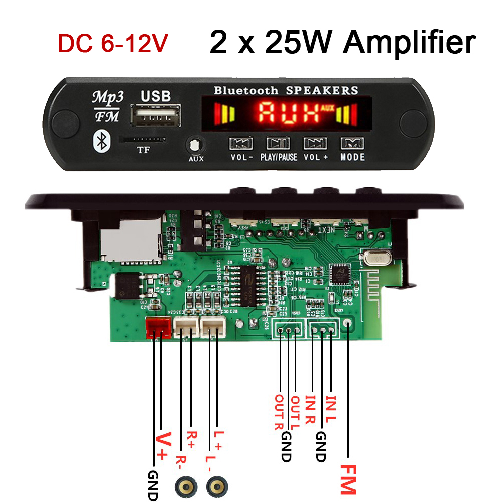 2*15W/2*25W Amplifier MP3 Player Bluetooth Decoder Board 12V Bluetooth 5.0 50W amplifier Car FM Radio Module Support TF USB AUX