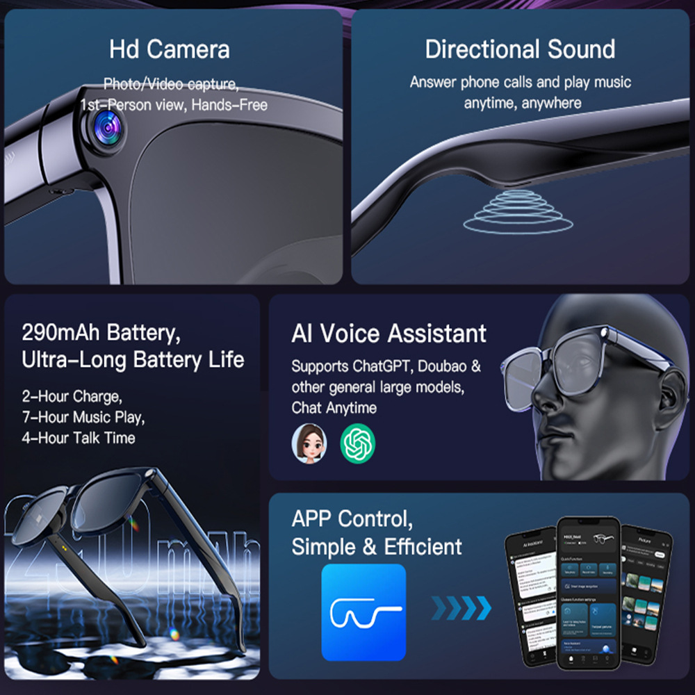 Smart Ai Camera Glasses 800mp Hd Photo Video Bluetooth Call Ai Simultaneous Interpretation Wifi 290mah Hands Free For Daily Use