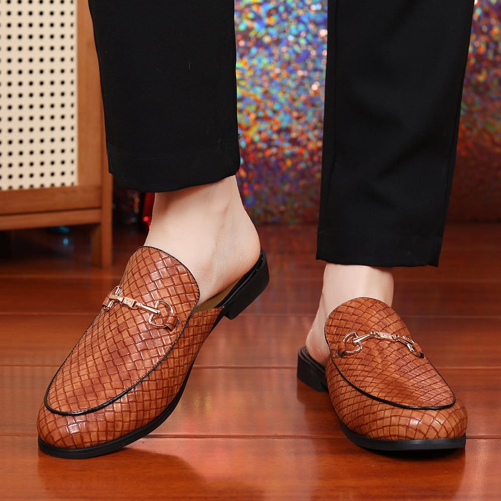 Classics New Men's Half Slippers Metal Button Patent Leather Shoes Male Casual Mules Breathable Loafers