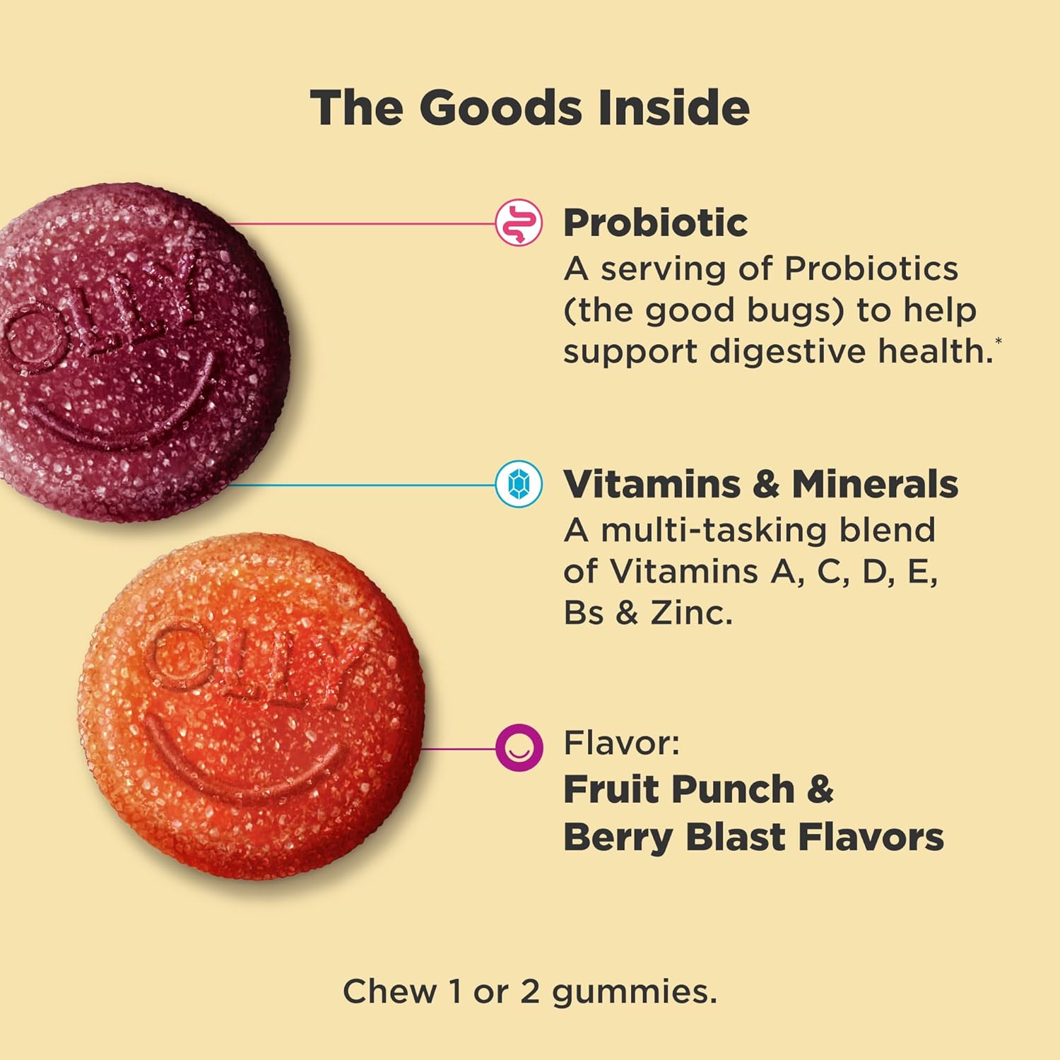 OLLY Kids Multivitamin & Probiotic Gummy, Digestive Support, Vitamins A, D, C, E, B, Zinc, Chewable Supplement, Berry Flavored, 50 Day Supply - 100 Co