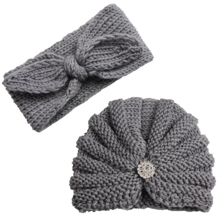 New Wool Hat Hair Decoration Set Winter Thickened Warm Knitted Hat Two Kids Headband Caps Set