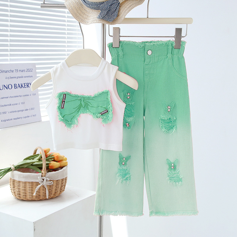 Girls' summer suit children's sleeveless ripped jeans two-piece set of medium and big boys girls' summer clothes