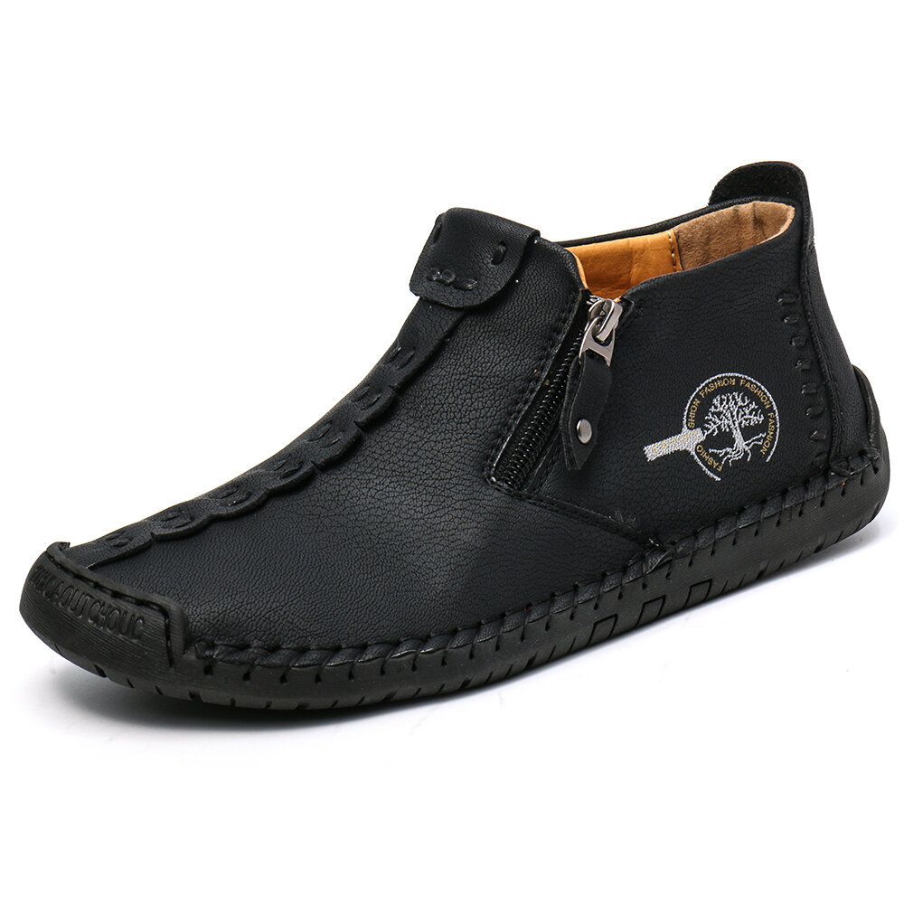 Hand-stitched leather boots men's shoes casual put on patent leather boots zipper retro leather ankle boots
