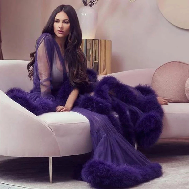 Luxury Sexy Lace Night Robe Women Kimono Night Maxi Dress Gown Mesh Long Sleeve Fur Babydoll Party Sleepwear Nightgrown Robes