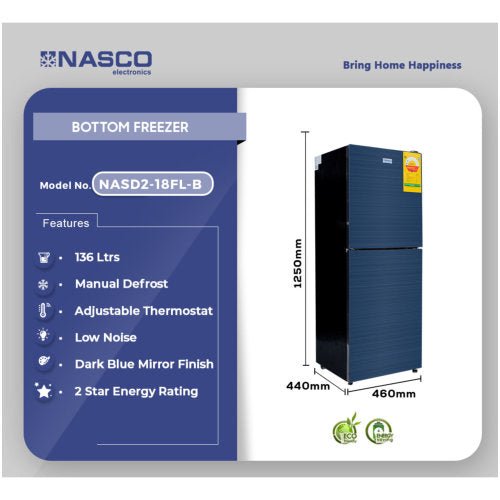NASCO 136L BOTTOM FREEZER FRIDGE NASD2-18FL-B BLACK