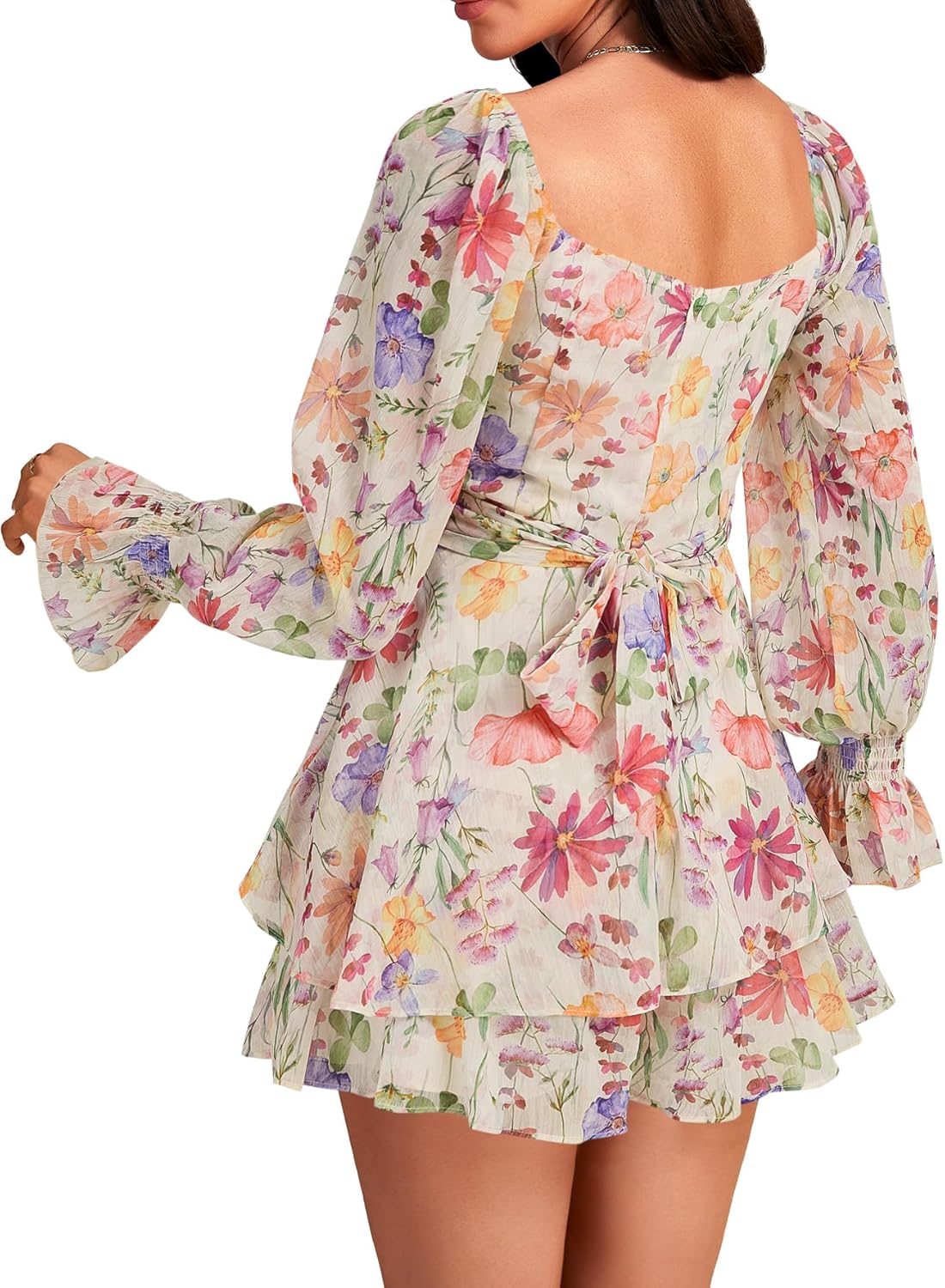 LYANER Women's Floral Print Off Shoulder Long Sleeve Ruffle Hem Romper Short Jumpsuit