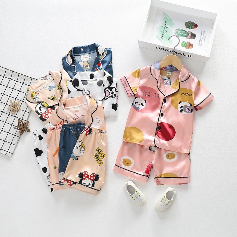 Girls Satin Silk Pajamas Set Kids Boy Cartoon Sleepwear Outfits Summer Toddler Short Sleeve+shorts Boy Leisure Wear Home Clothes