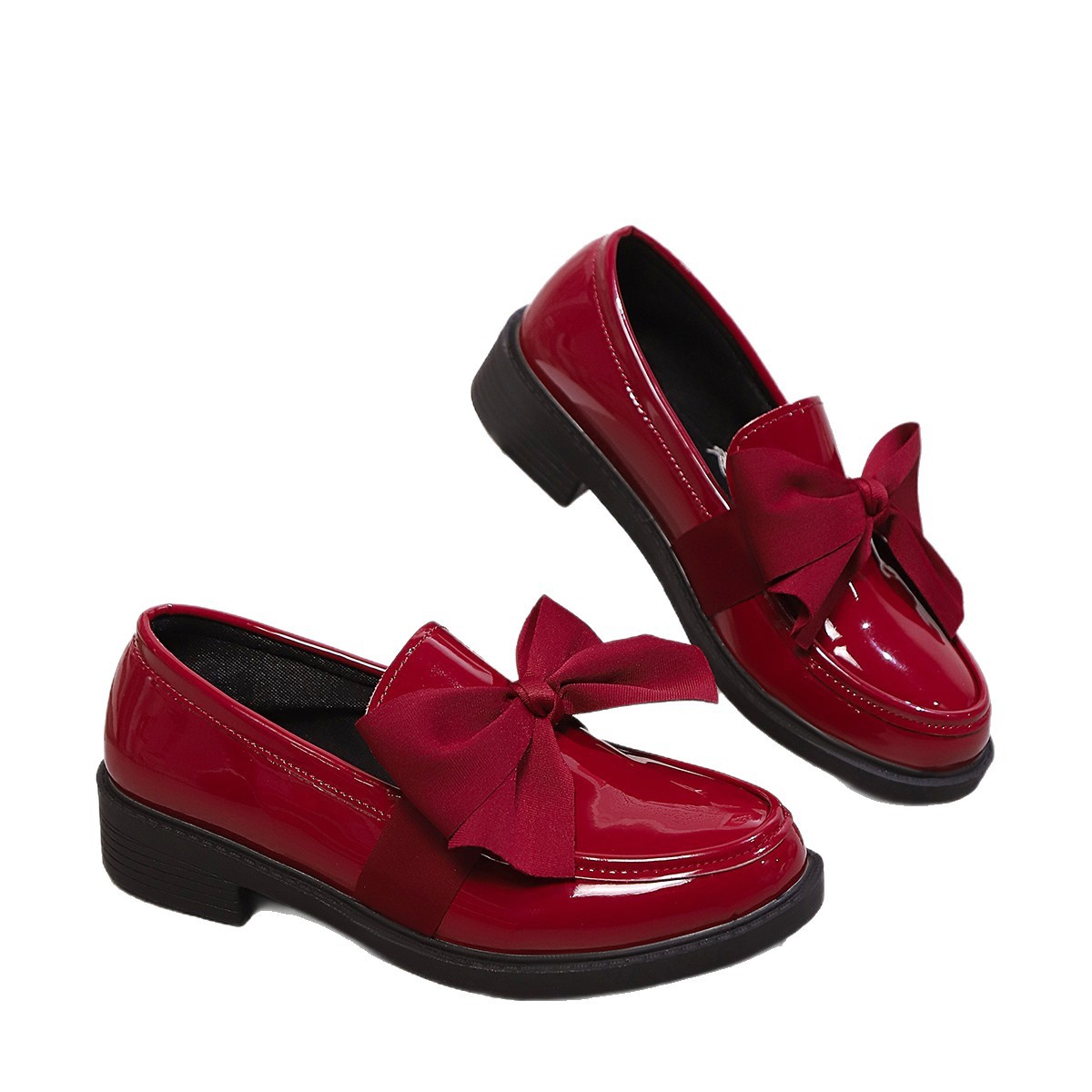 Large British style small leather shoes for women, new butterfly knot thick heel loafers, single shoes