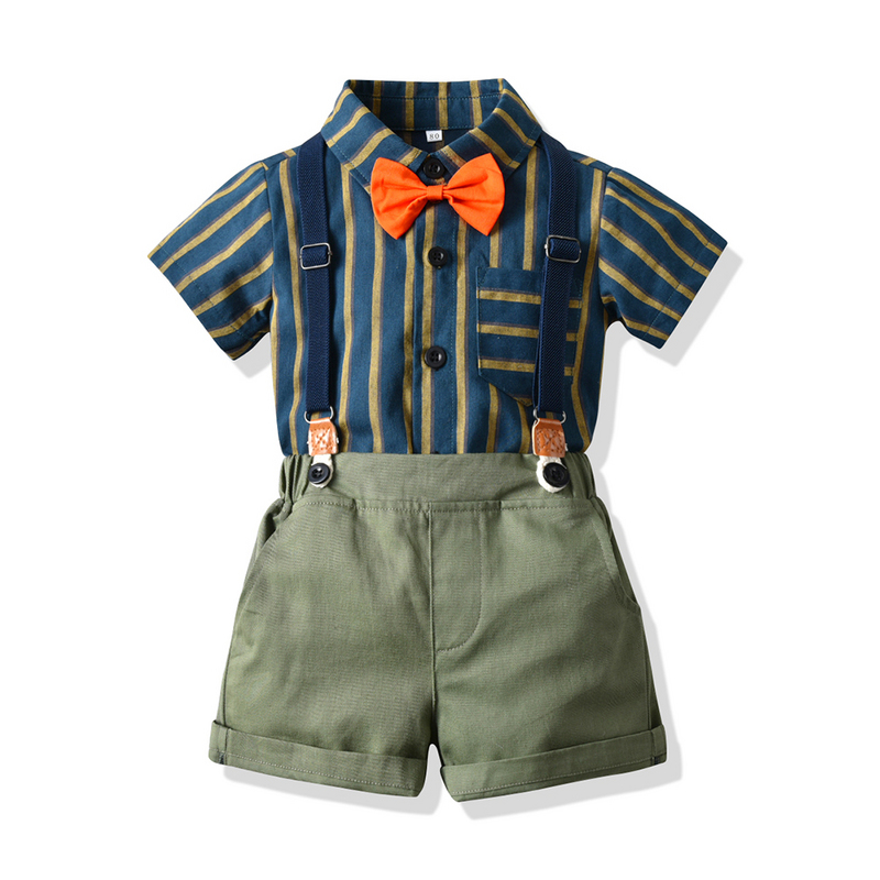 Top and top Summer Kids Boys Gentleman Clothes Set Children Boys Casual Clothing Sets Short Sleeve Bowtie Shirt+Overalls Suits
