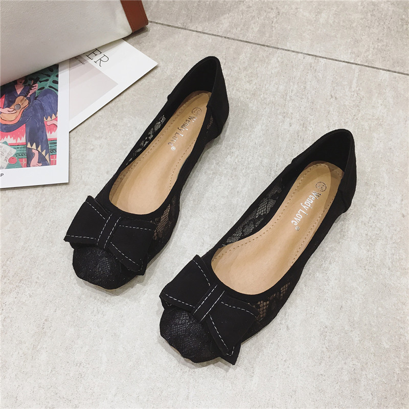 Korean version of all-match square toe shallow mouth lace mesh breathable scoop shoes women's black soft sole flat heel shoes