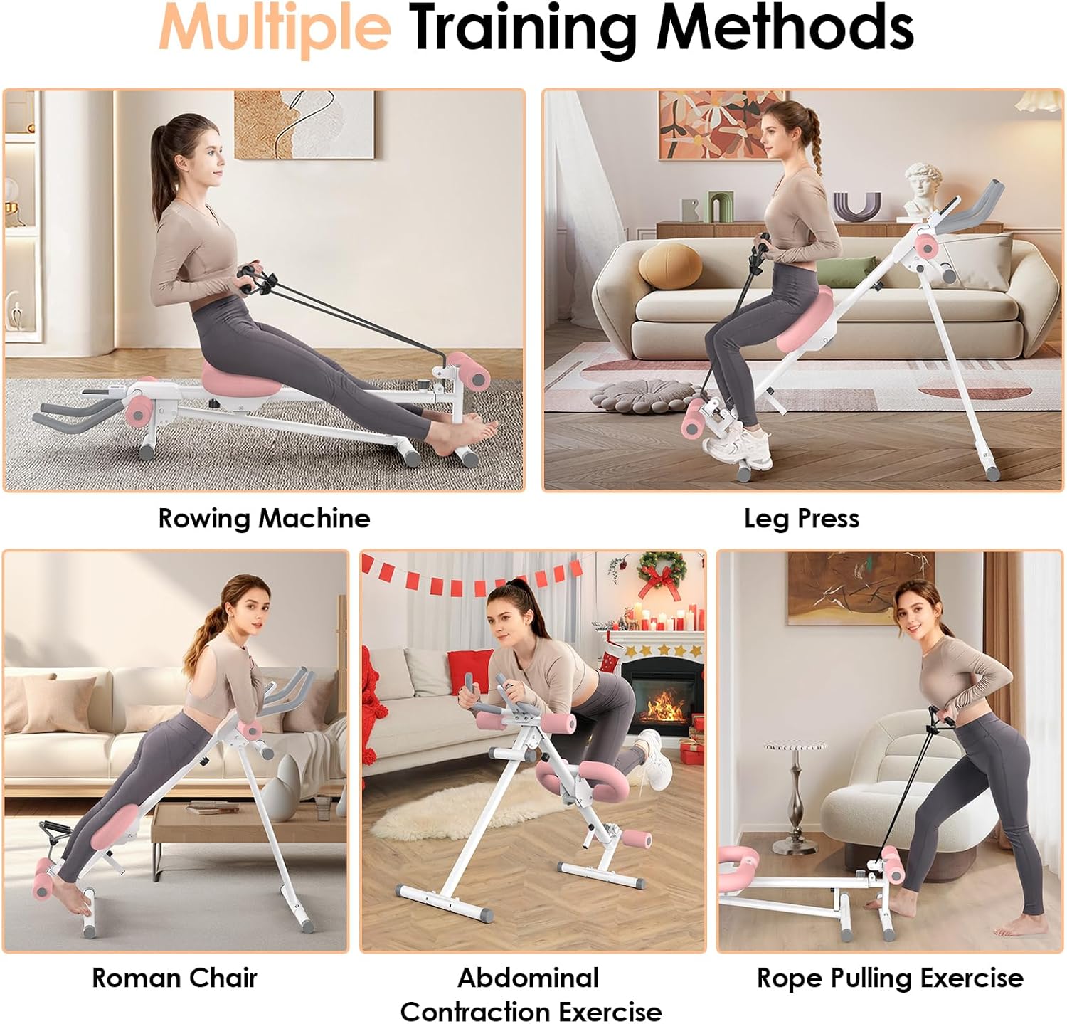 Foldable Ab Machine, 5-in-1 Adjustable Ab Trainer for Home Gym, Full-Body Core Workout Equipment with 10 Length Levels, LED Display & Silent Rollers,