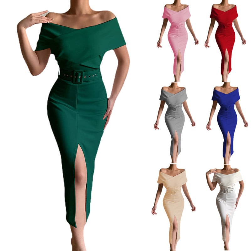 elegant temperament commuter simple light familiar new style strapless belt slit skirt