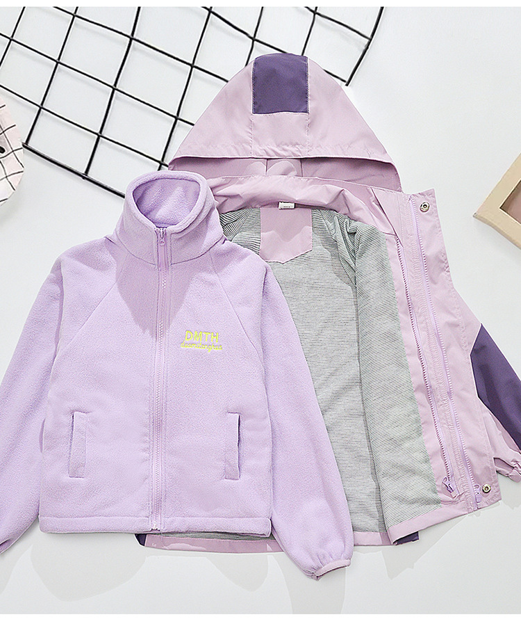 New Fashionable Kids' Detachable Puffer Coat with Fluffy Lining, Cartoon Color Block 3-in-1 Warm Outerwear for Girls