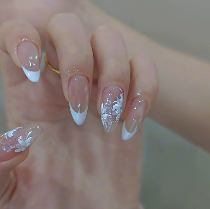 24PCS Fake Nails With Glue Long Detachable French Stick on Nails Coffin Flame Press on Nails Art DIY Manicure Tool