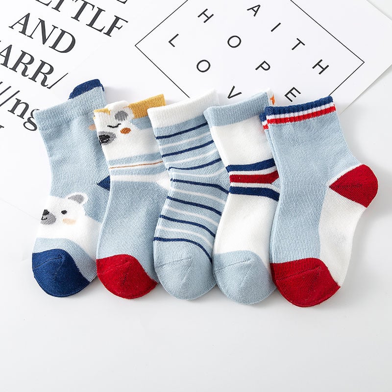 5 pairs of combed cotton children's socks tube socks boys babies solid color spring and autumn blue short polar bear