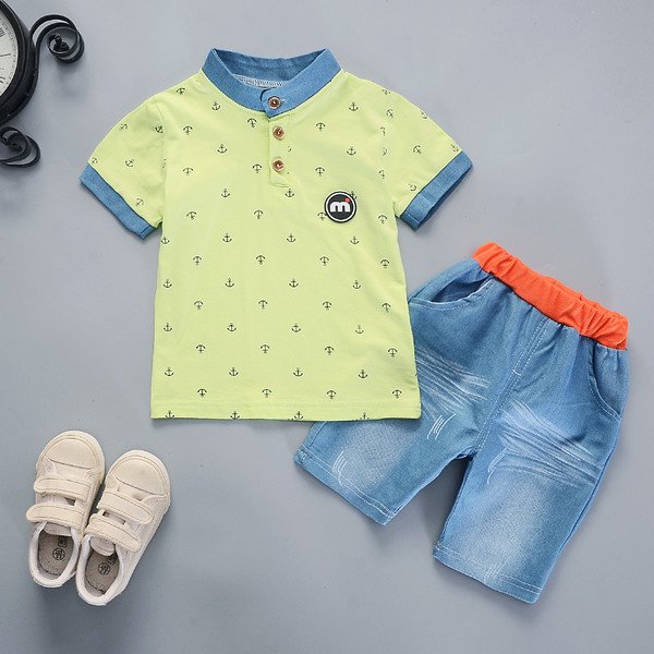 Ones boys summer short-sleeved anchor print polo shirts shorts clothing set kids baby cotton suit