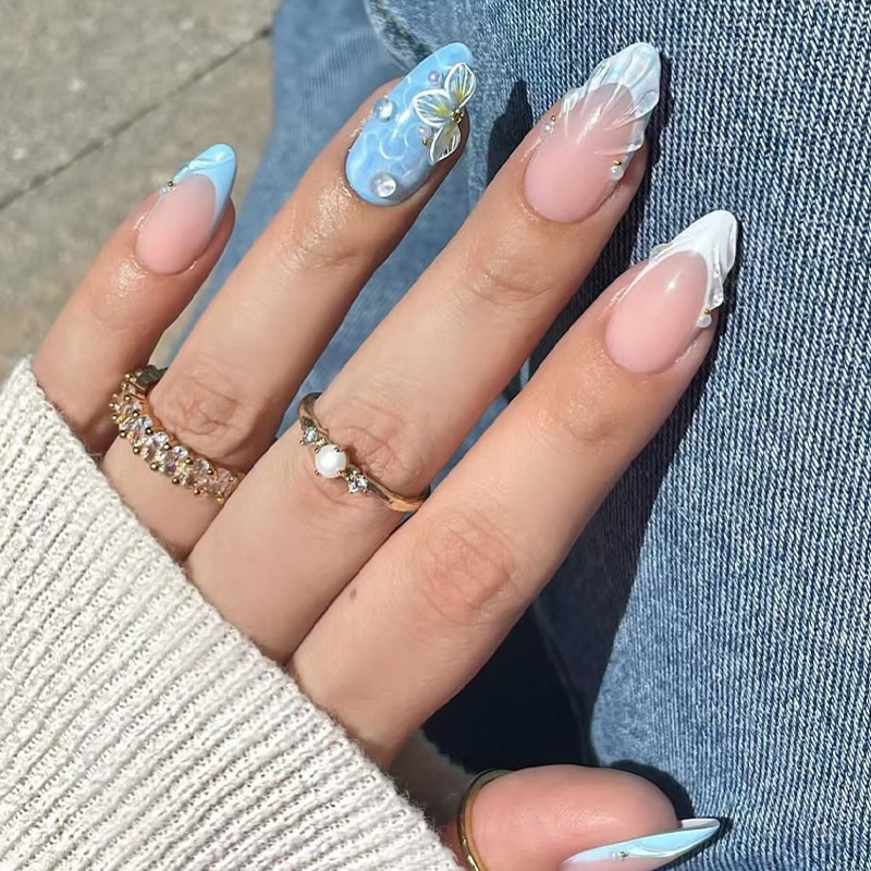 24pcs Fake Nail Tips With Rhinestone Butterfly Design Detachable Press On Nails Long Fake Nail Finished Nail Sticker With Glue