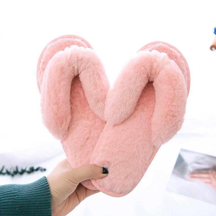 Plush plush flip-flops autumn and winter home cotton slippers women's soft bottom indoor wooden floor fluffy slippers