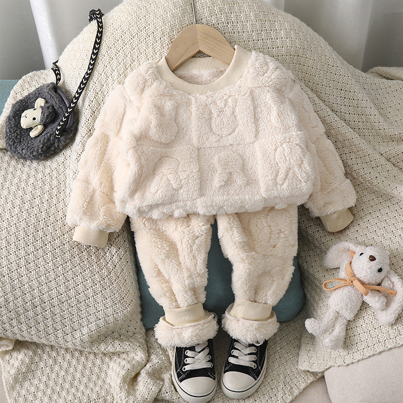Children's pajama set warm autumn and winter pajamas children's boys and girls thickened home clothes plush baby clothing set