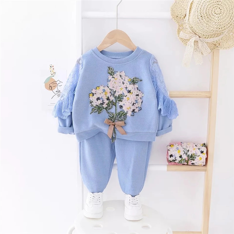 Baby Girls Clothes Set Autumn Winter Lace Embroidery Tops + Long Pants 2 Piece Girl Clothes Suit Casual Children Outfits