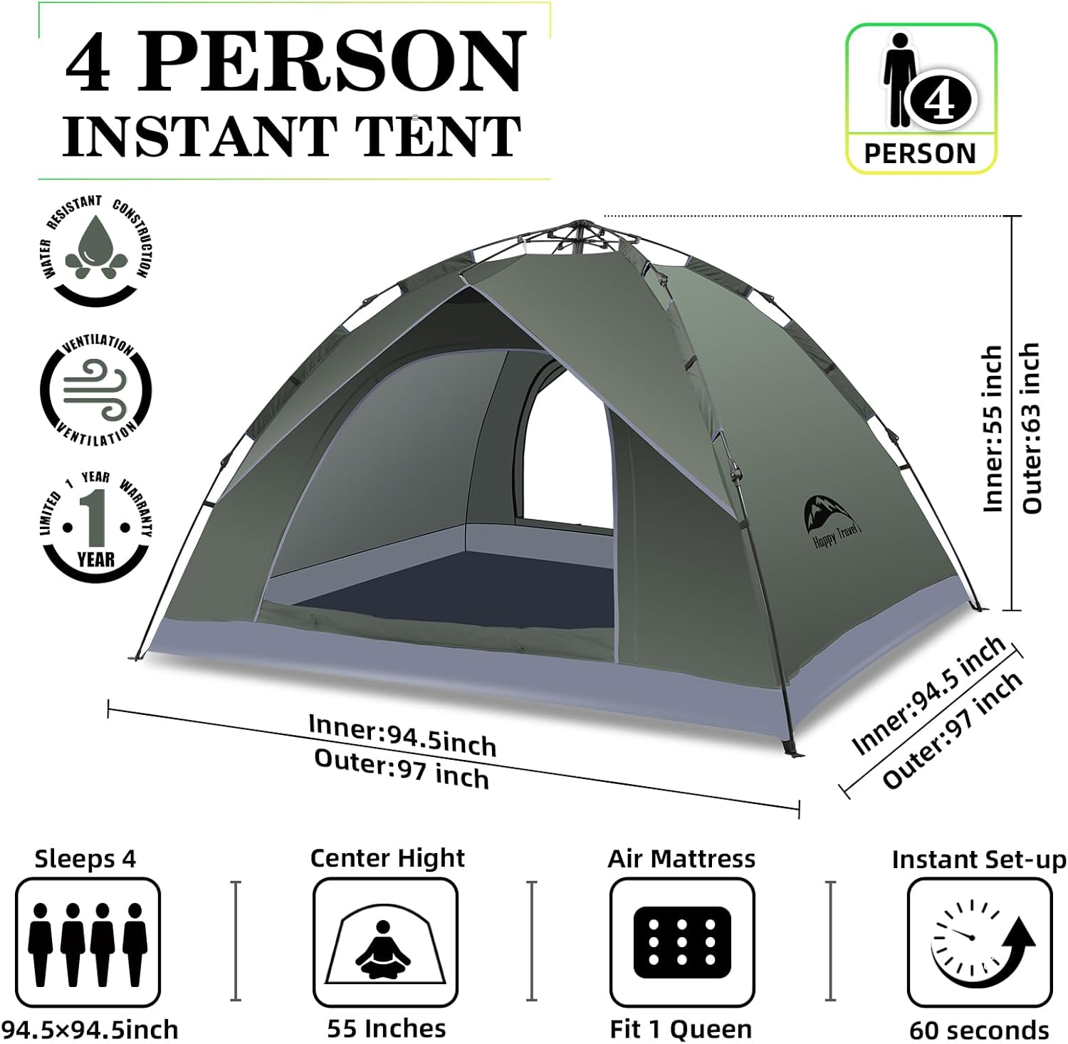 Happy Travel 1/2/3/4 Person Camping Tent, Instant Easy Pop Up Tents for Camping,Automatic Waterproof Family Camping Tent, Easy Set Up Tent,Portable Wi