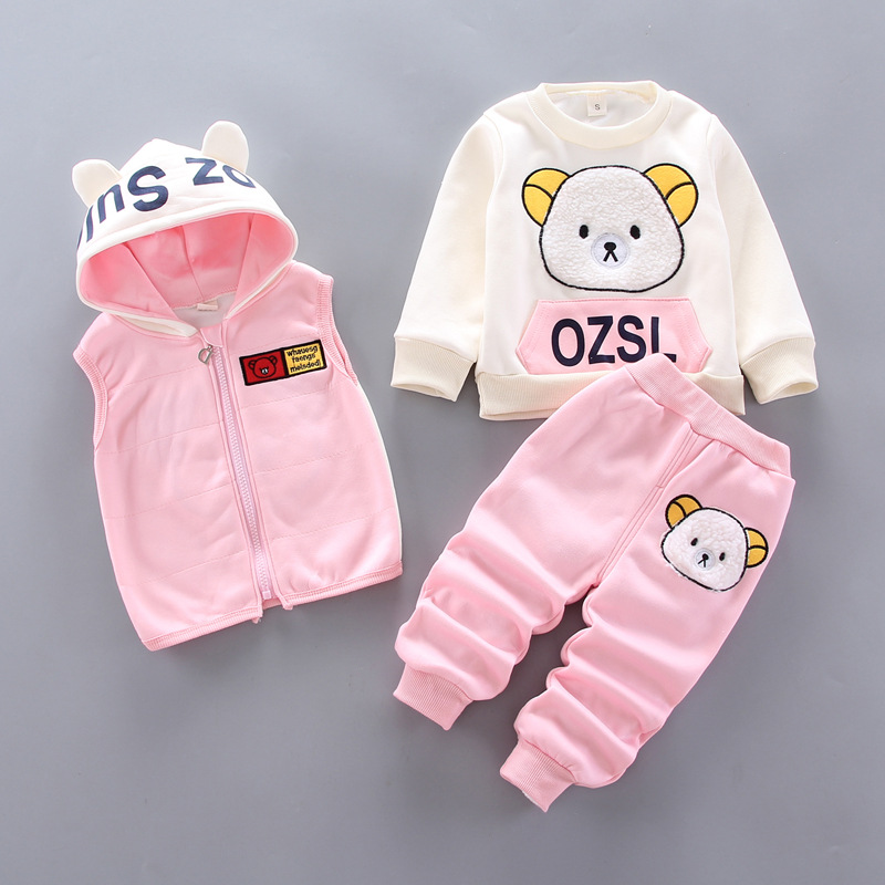 Baby boy clothes autumn and winter pure cotton thick warm casual hooded sweater cartoon cute bear three-piece baby girl suit