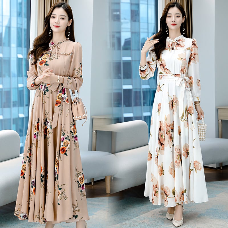 Women's Autumn New Elegant Long Swing Printed Fairy Long Sleeve Dress Retro Large