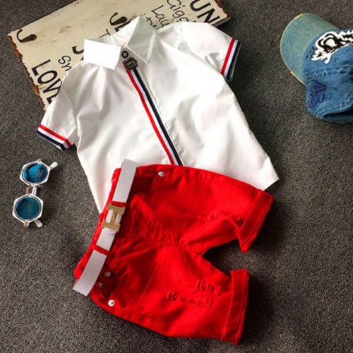 Newest Fashion Kids Boys summer leisure suit new Korean short sleeved shirt shorts three piece set spot feeding belt