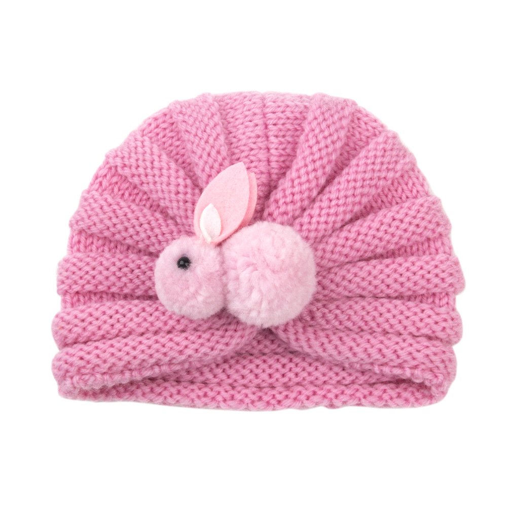 Children's wool knitted hats keep warm in autumn and winter 0-3 years old baby hats solid color cute rabbit tire hats