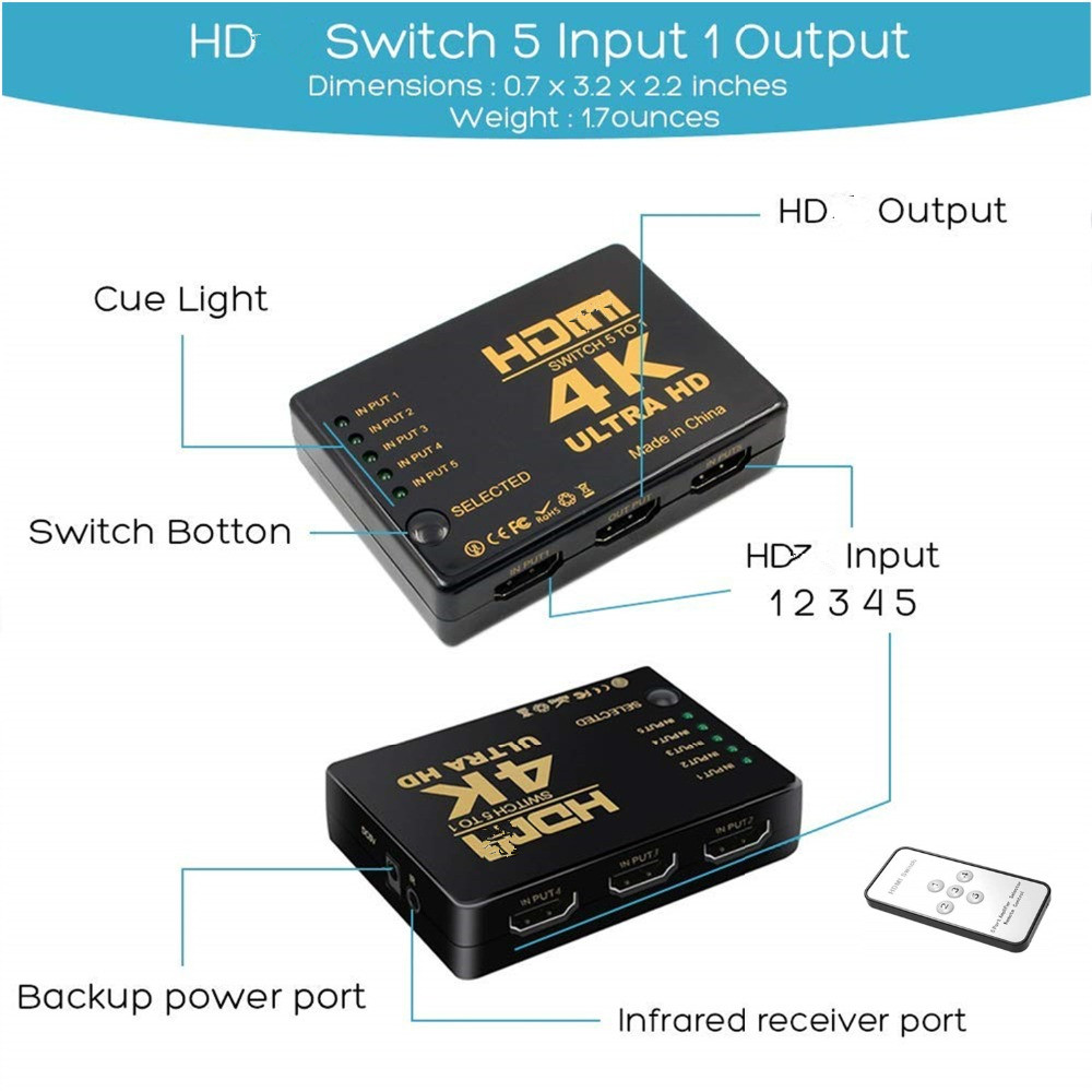 HDMI-compatible Switcher 4K HD1080P 3 5 Port HD Switch Selector Splitter With Hub IR Remote Controller For HDTV DVD TV BOX Z2