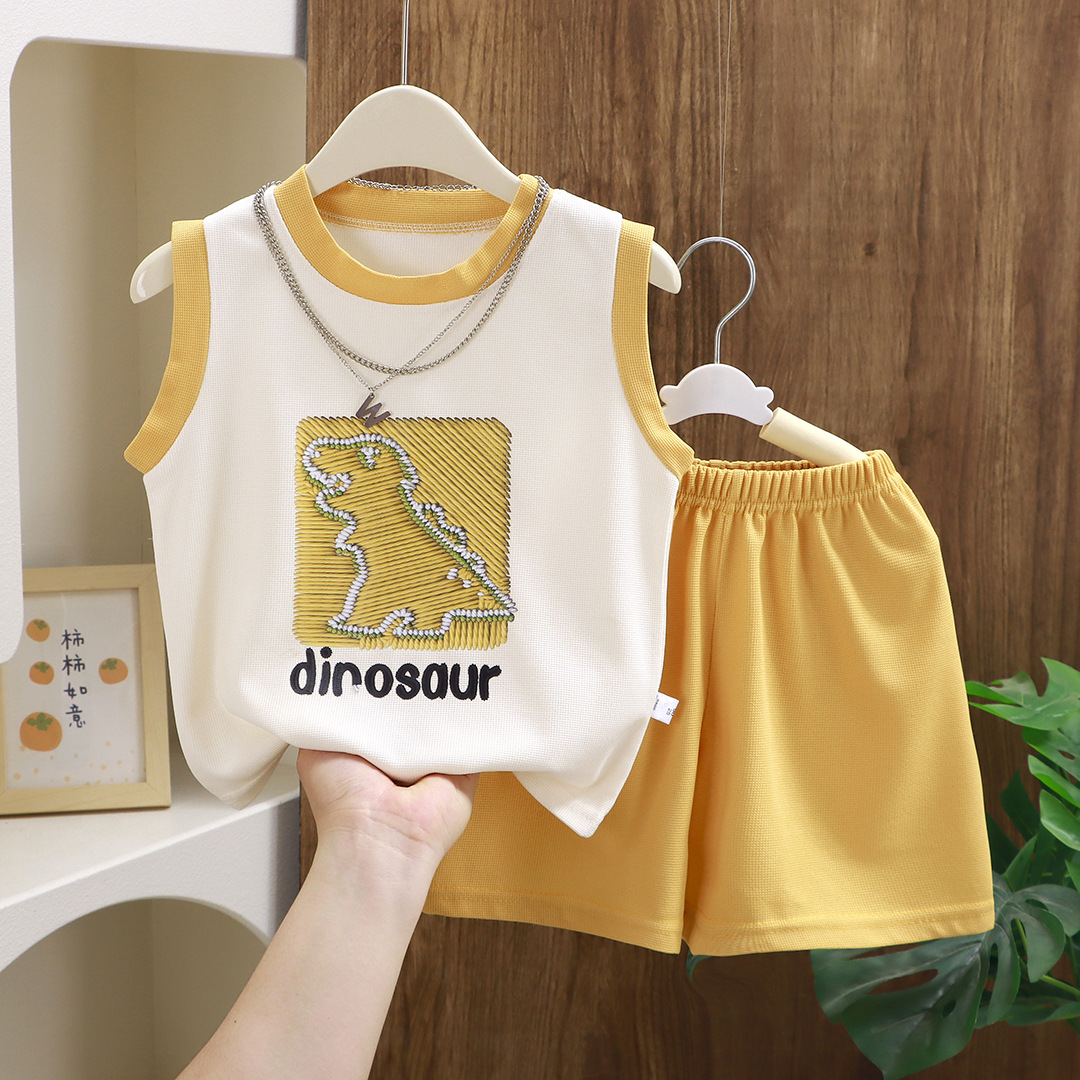 2025 New Summer Kids Sports Clothes Sets Boys Girls Cartoon Letter Print Sleeveless Tank Tops + Shorts Baby Casual Clothing