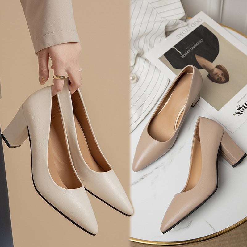 Women's Elegant High Heel Shoes 2023 Women's Thick Heel Shallow Mouth Pointed Solid Color Single Shoes