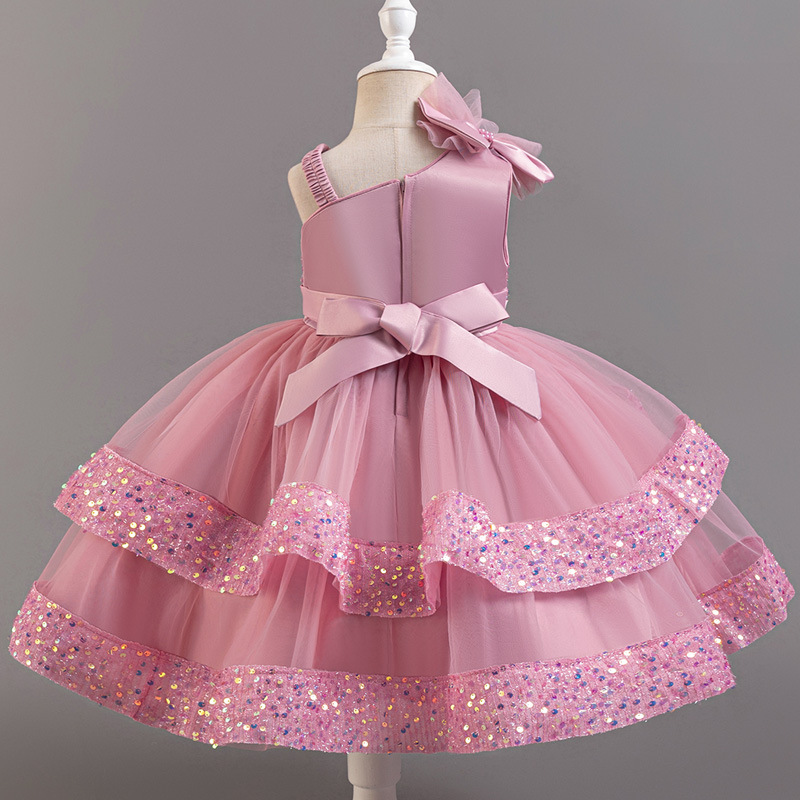 New children's sequined fluffy mesh cake princess dress, baby girl's first year banquet evening dress