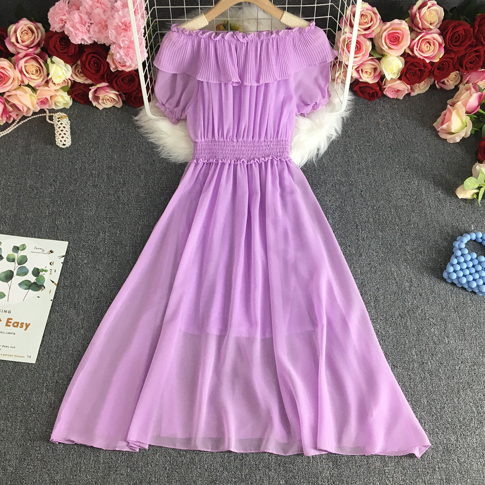 Vacation Slightly Transparent Dress Super Immortal Sweet 100 Pleated Ruffle Edge One Line Neckline Fashionable Knee Length Chiff