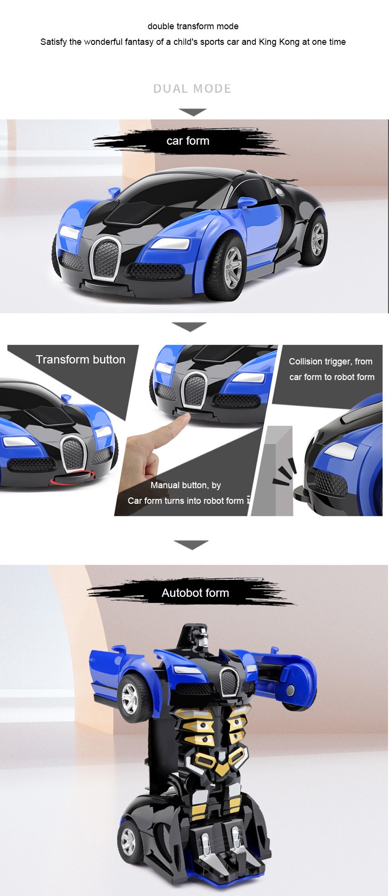 Deformation Vehicle Collision Impact One-Button Inertial Bugatti Veyron Toy Car Transformers Robot Kid Child Gift Time Limited