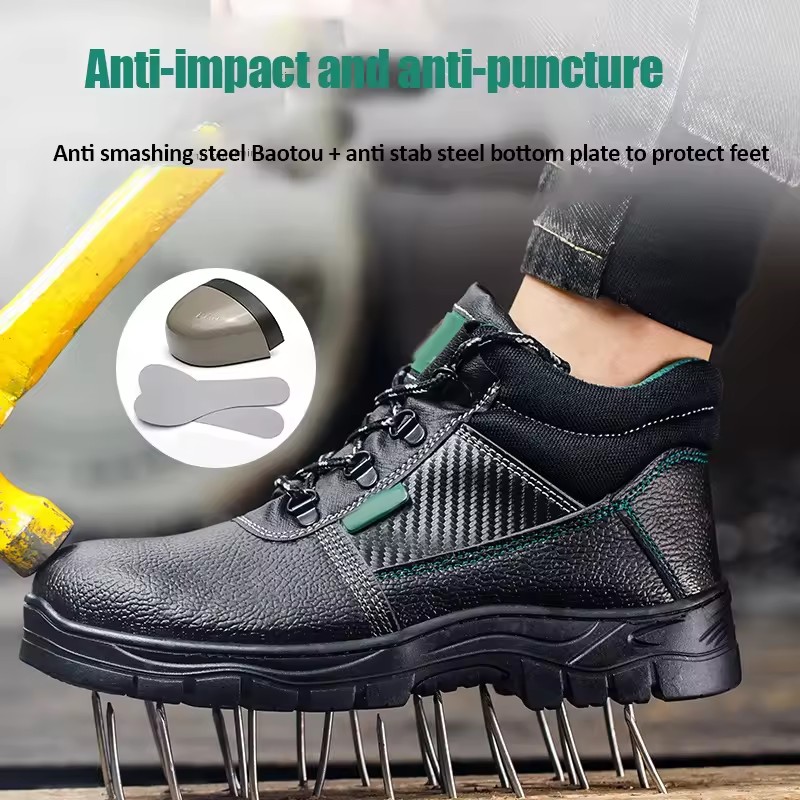 PU Leather Steel Iron Toe Labor Safety Boots Men Security Anti Puncture Rubber Outsole Work Shoes