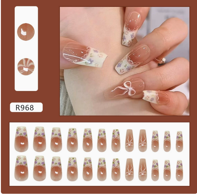 24Pcs Simple Short Almond False Nails with White Edged Designs Fake Nails Wearable Coffin French Nails Tips Press on Nail