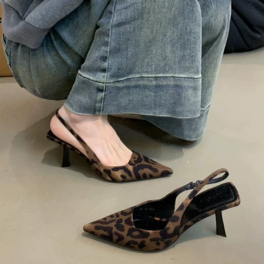 Leopard High Heels Shoes Women Sandals Party Pointed Toe Dress Shoes Summer Slippers 2025 Designer Mules New Female Pumps Slides