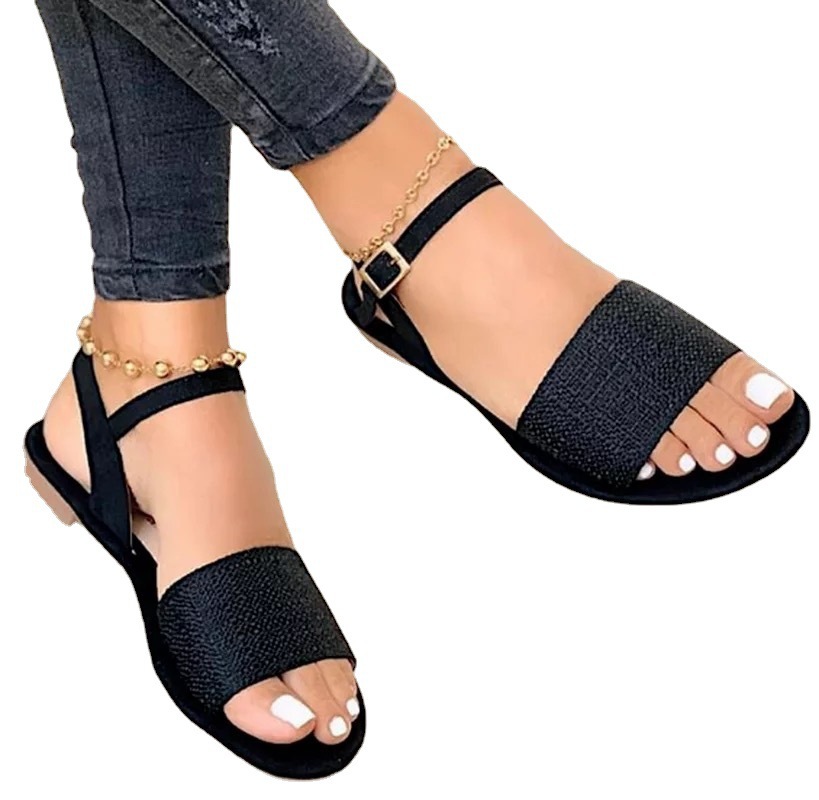 Flat casual sandals for women, new plus size one button with solid color, European and American open toed fish mouth sandals