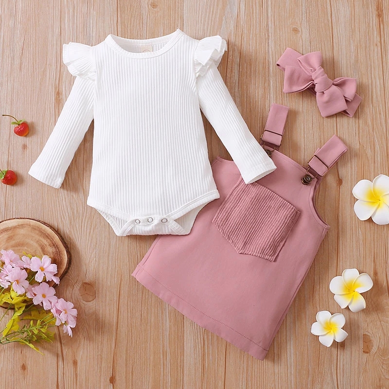 Newborn Baby's Clothes Girls Outfits Sweet Style Long Sleeve Round Collar Kids Romper Front Pocket Suspender Skirt Headwear Set